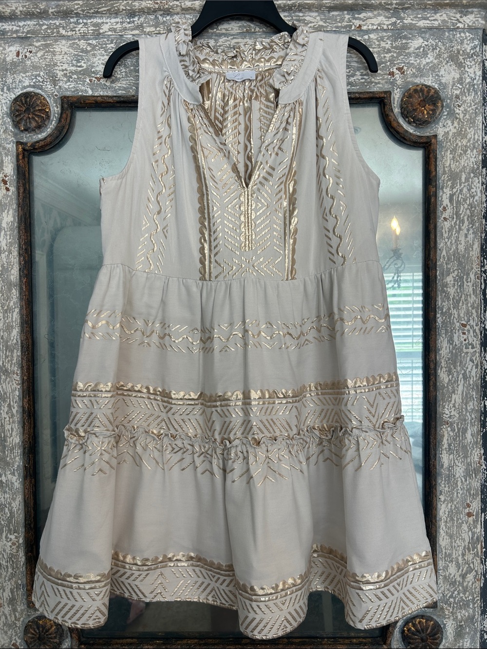 Embroidered Ivory Sleeveless Tiered Tunic with Gold Accents